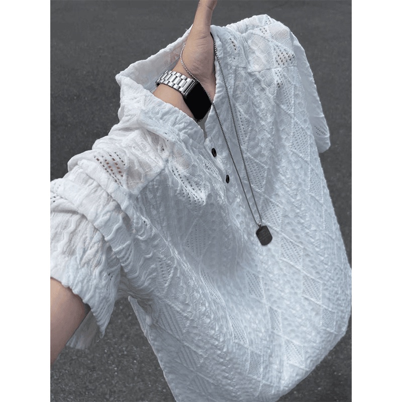 Old Money Style White Henry Collar Short-Sleeved Men's Summer Ice Silk Breathable Hollow Knit T-Shirt with a Lazy Style Half-Sleeve Old Money Style White Henry Collar Short-Sleeved Men's Summer Ice Silk Breathable Hollow Knit T-Shirt with a Lazy Style Half-Sleeve