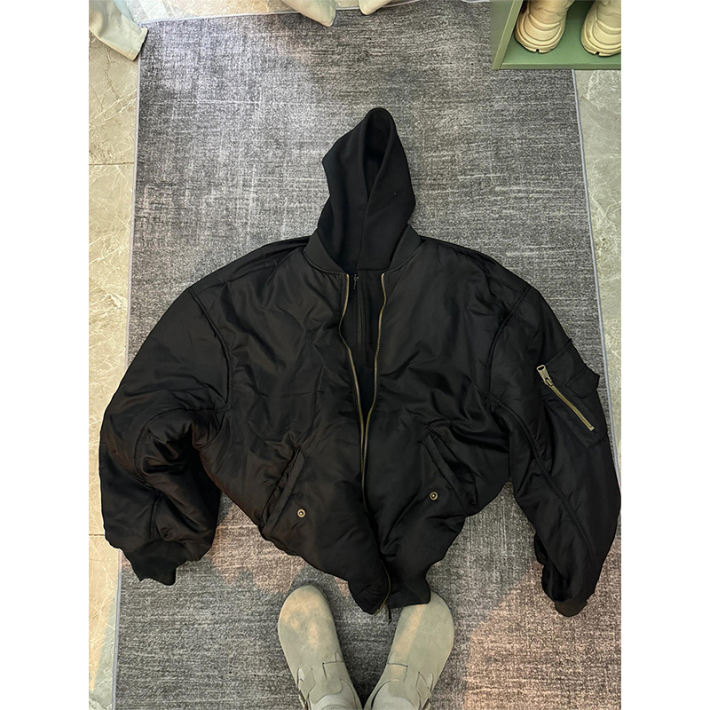 American-Style Fake Two-Piece Hooded Bomber Jacket Cotton Coat for Men, Winter Thickened Bomber Baseball Jacket Short Coat