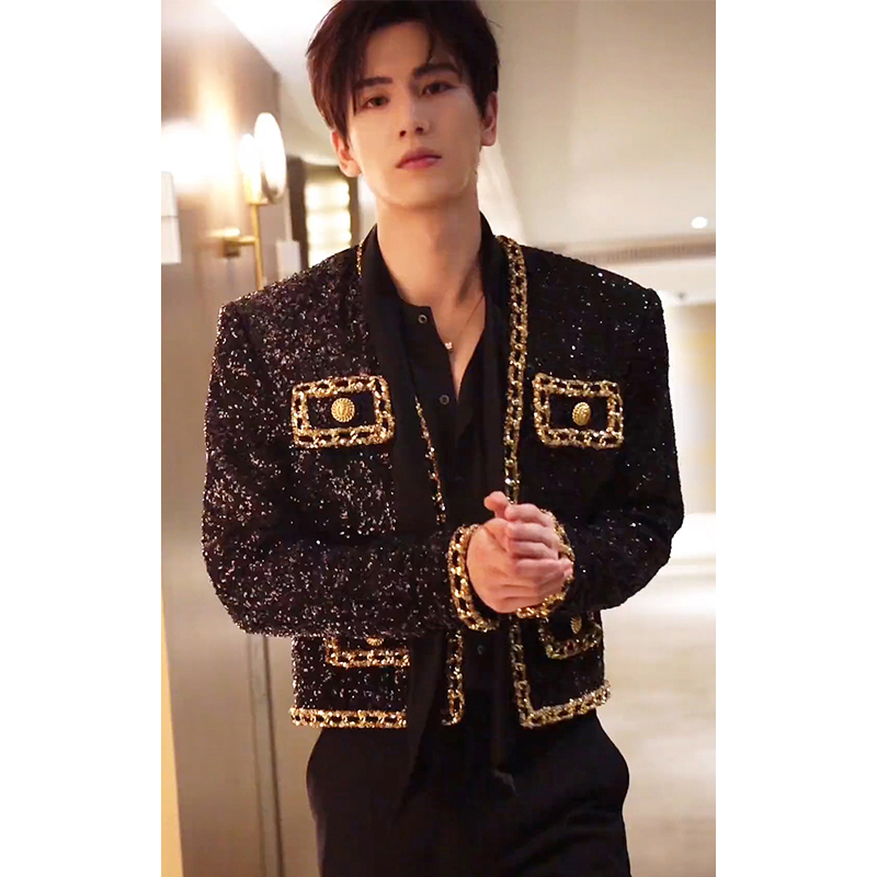 Zhang Linghe's Same Style Short Tweed Jacket for Men, Spring and Autumn, High-End Tweed with Shoulder Pads, Collarless Blazer