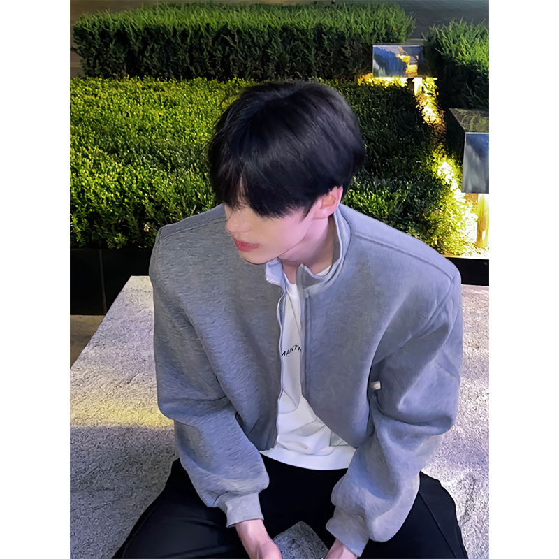 Short Padded Shoulder Jacket for Men, Spring and Autumn, Cleanfit American Style, High-End Gray Cardigan, Stand-Up Collar Sweatshirt