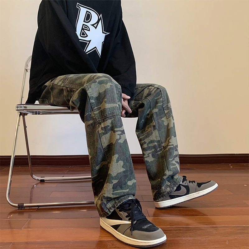American Hip-Hop Pants High Street Camouflage Lumberjack Cargo Pants Men's Autumn and Winter Fleece-Lined Straight Vibe Denim Wide-Leg Pants