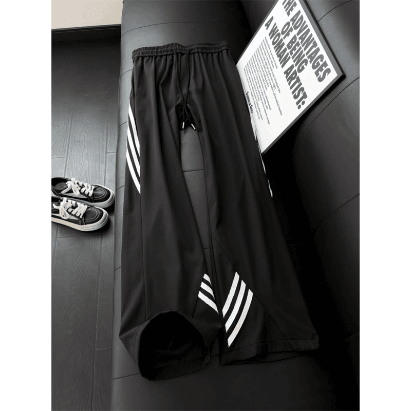 Black Three-Stripe Quick-Dry Pants for Men, Summer Thin American High Street Straight-Leg Sports Pants, Striped Flared Casual Pants