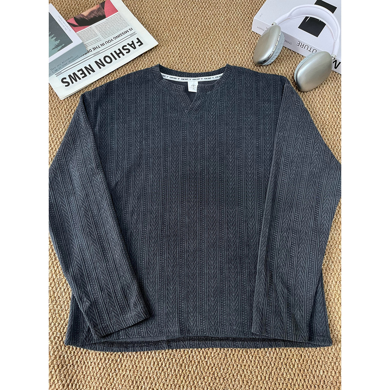 Dark Gray Wheat Pattern V-Neck Long-Sleeve T-Shirt for Men, Autumn Cleanfit Regular Shoulder Sweatshirt, Inner Layer Base Shirt Top