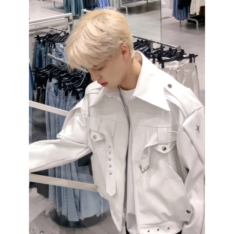 American Retro High Street White Leather Jacket for Men, Spring and Autumn Style, Trendy Brand, Niche, High-End, Short Biker Jacket