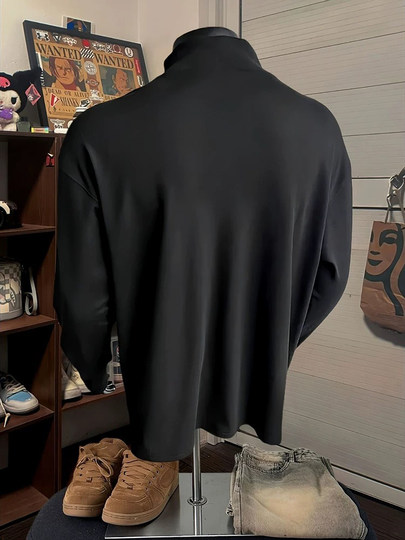 Gray German Velvet Half-High Collar Base Layer Shirt for Men, High-End Deconstructed Splicing Inner Long-Sleeve T-Shirt, American-Style Warm Sweatshirt