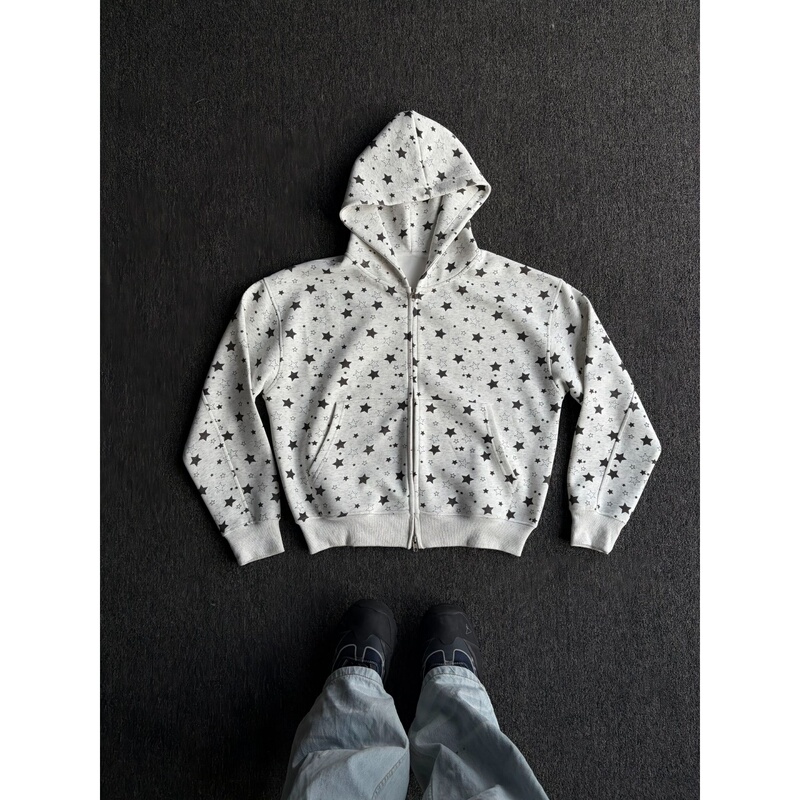 American Retro Full-Print Star Cardigan Sweatshirt for Men, Autumn Heavyweight Boxy Short Wide Hoodie, Cleanfit Jacket