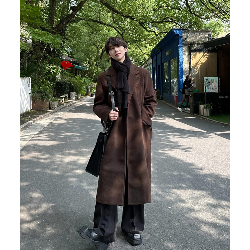 Korean Style Melard Coffee-Colored Coat for Men, Winter Mid-Length Tall Trench Coat, High-End Feel, Regular Shoulder Woolen Coat