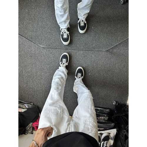 Белые штаны, летние приталенные джинсы, в американском стиле, свободный прямой крой