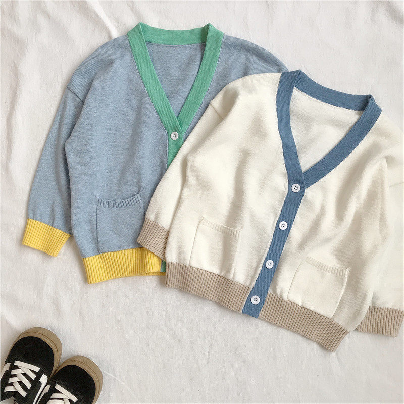 Boy girl's thin section pure cotton V-neck cardiovert jacket sweater children's baby spring autumn style soft 100 hitch-knitted sweatshirt