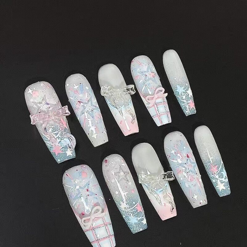 Semi-Handmade Manicure Wearable Spring New Style High-End Cat Eye Nails Mint Cute Ocean Whitening Student Bow