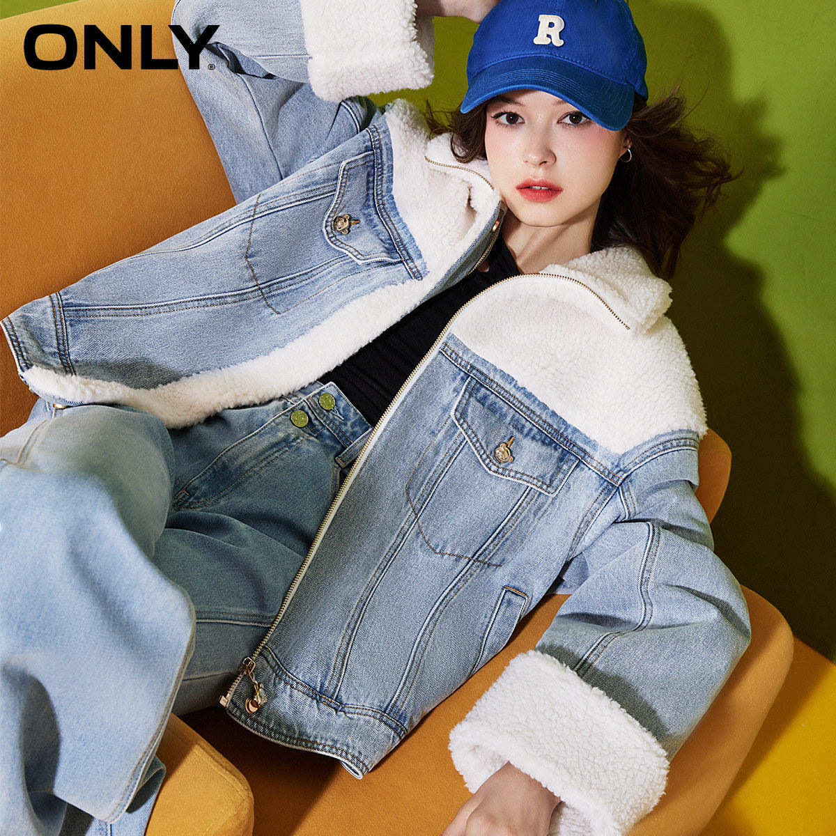 ONLY Autumn Fashion Loose Imitation Teddy Hair Stitching Denim Jacket Women