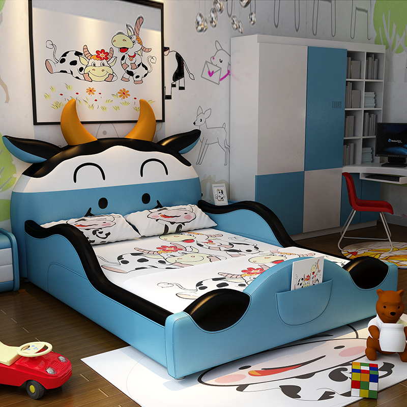 Children's single bed cartoon with guardrail solid wood boy 1 2 creative children's bed 1 5 high box storage leather bed customization