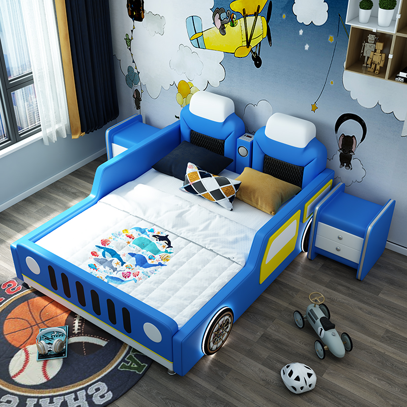 Children's bed boy girl single bed 1 2 cartoon car bed 1 5 creative cartoon room solid wood leather bed with guardrail