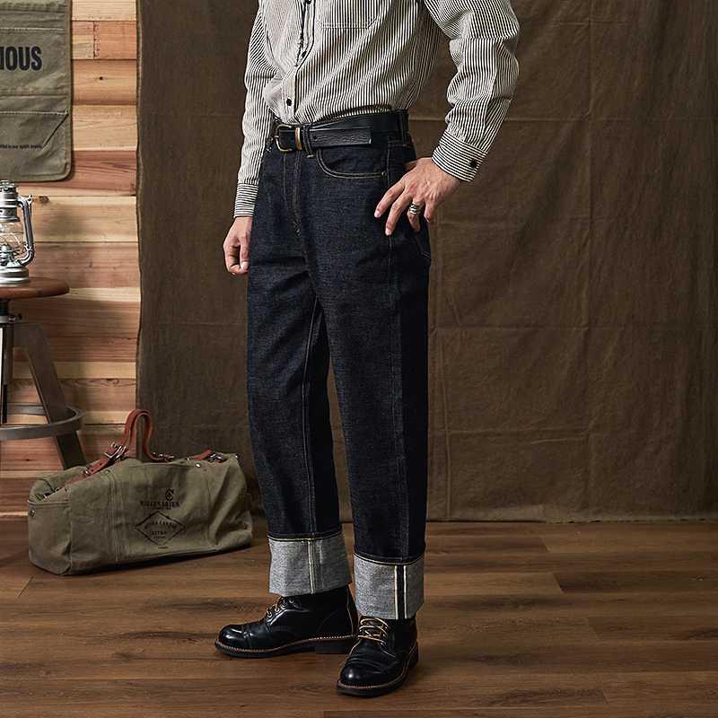 American Retro 5501 Raw Denim Selvedge Jeans Straight Loose Fit Amekaji Workwear Wide-Leg Trousers for Men