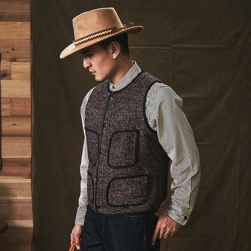 Vintage Browns Beach Tweed Vest, American Casual French Workwear Multi-Pocket Vest