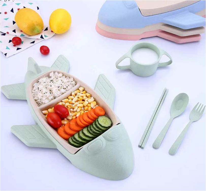 Wheat creative cartoon children's tableware set portable anti-fall dinner plate lunch box bowl chopsticks spoon fork cup can be printed logo