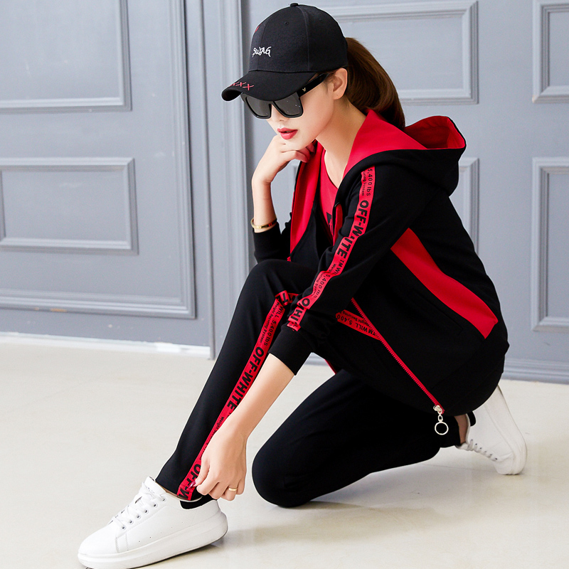 Casual Sportswear Suit Women's Spring Autumn 2021 New Korean Version Wave Fashion Temperament Running Vee Three-piece Spring Clothing