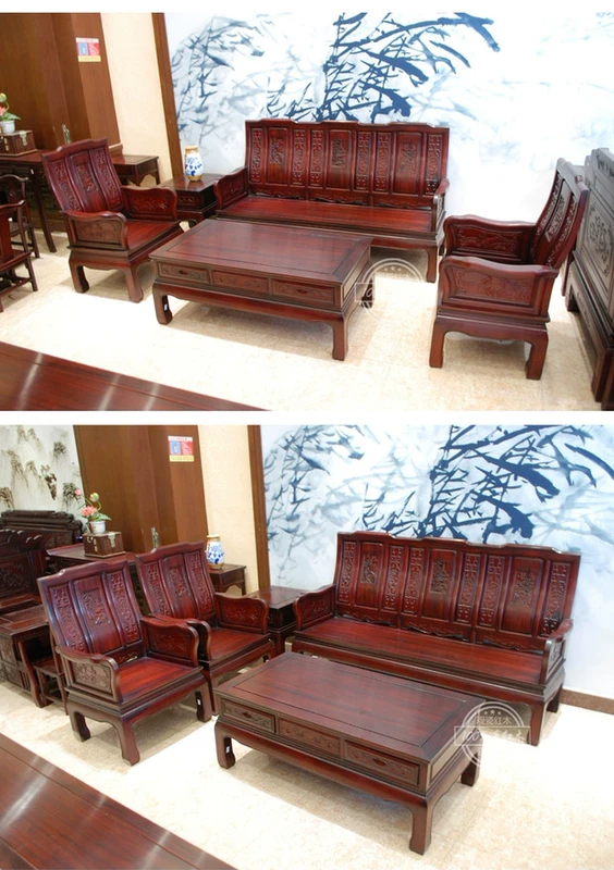 Nội thất Trung Quốc kết hợp sofa gỗ gụ gỗ hồng mộc phòng khách đồ gỗ Nam Mỹ phong cảnh gỗ hồng mộc Wanzi Wang hộ gia đình nhỏ - Bộ đồ nội thất