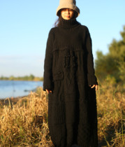 Black feather ~ Qianai forest original design sense pure wool line autumn and winter block high collar loose jumpsuit skirt robe