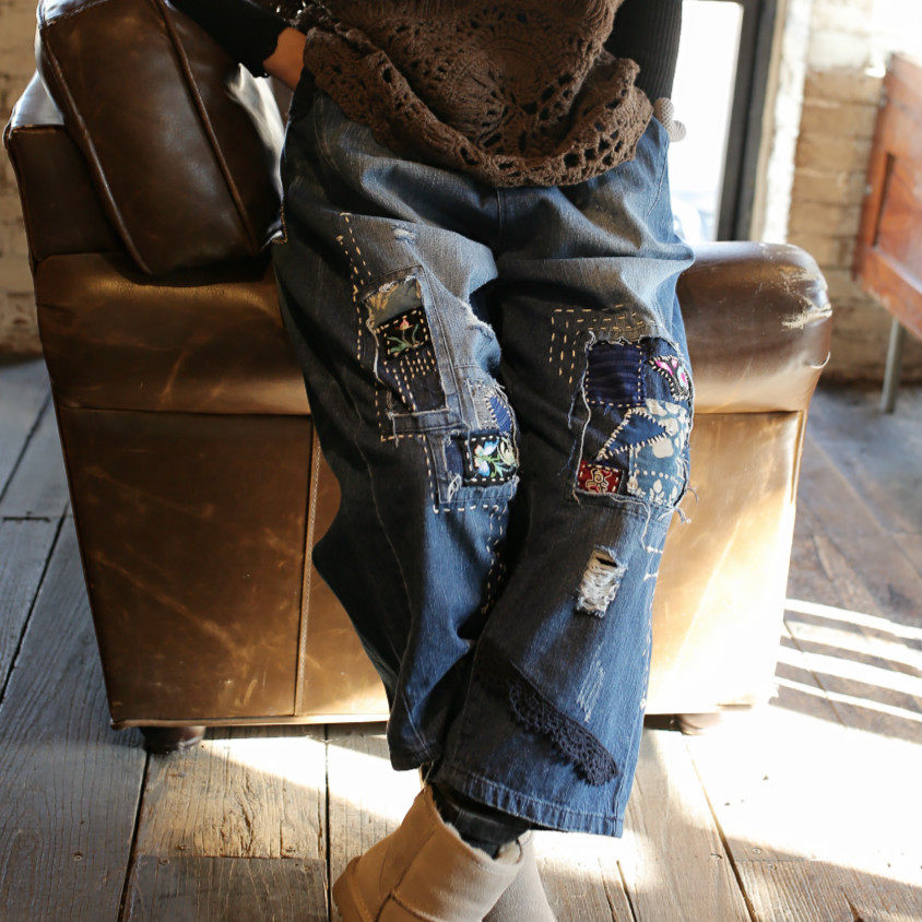 Baifu~design irregularly spliced old embroidery embroidery loose jeans boro