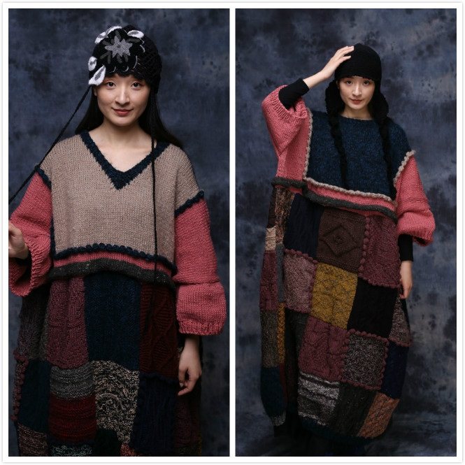 Memories of the hourglass ~ literary and art Fan retro pure handknitted wool thread splicing collab loose women's dress