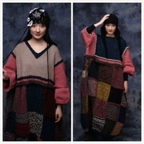 The Hourglass of Memories ~ Literary Fan Retro Hand-knitted Wool Thread Stitching Block Loose Womens Dress