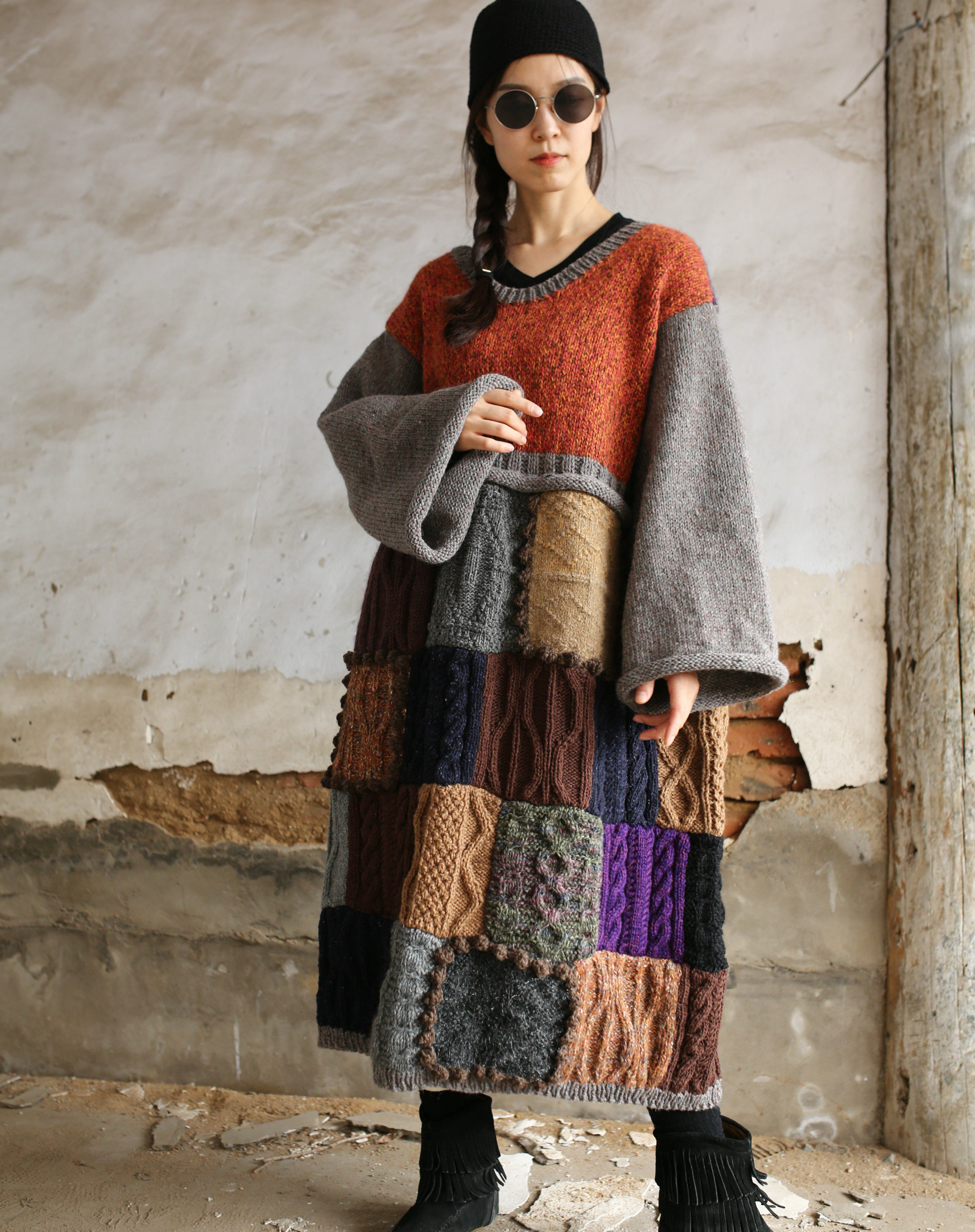 Bai Fu dress ~ design sense relaxed hand knitting piece dress wear both sides