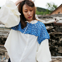 Blue Memories ~ Design sense Spring and summer hollow linen handmade crochet wool sweater top mix and match Mori