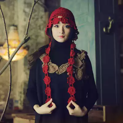 Red ~ Qianai original pure handmade pure linen thread hook flower Hanfu ancient Han style classical tassel female hat