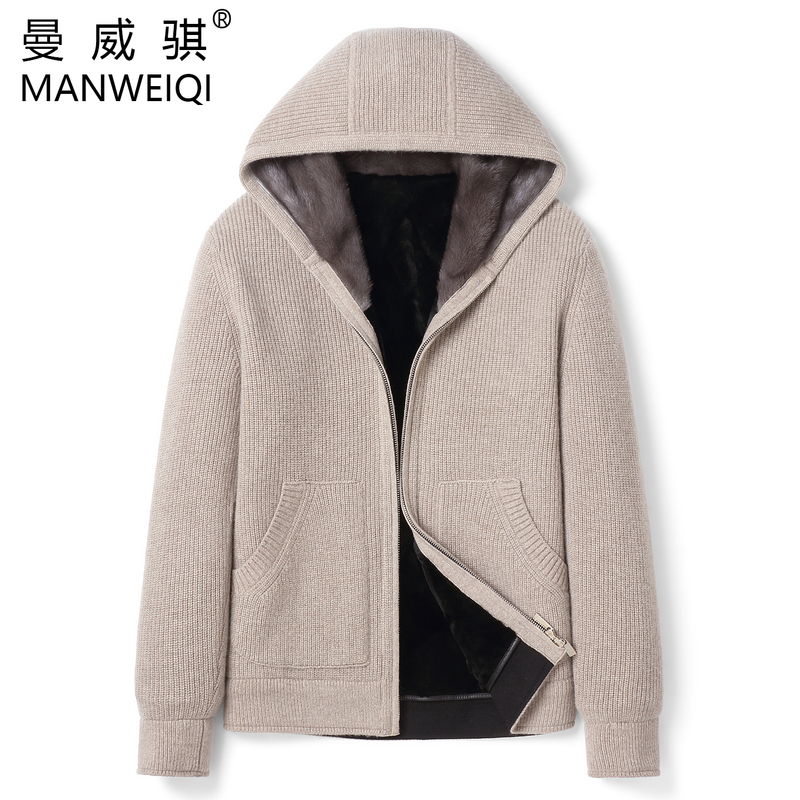 New Haining Mink Fur Men's Mink Cashmere Hooded Wool Knit Parka with Integrated Mink Fur for Winter