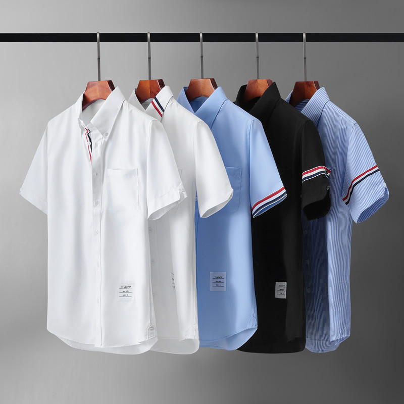 Summer Ice Silk No-Iron Trendy Brand Tb Homtop Short-Sleeved Shirt for Men and Women, Korean Style Slim Fit Thin Shirt for Men