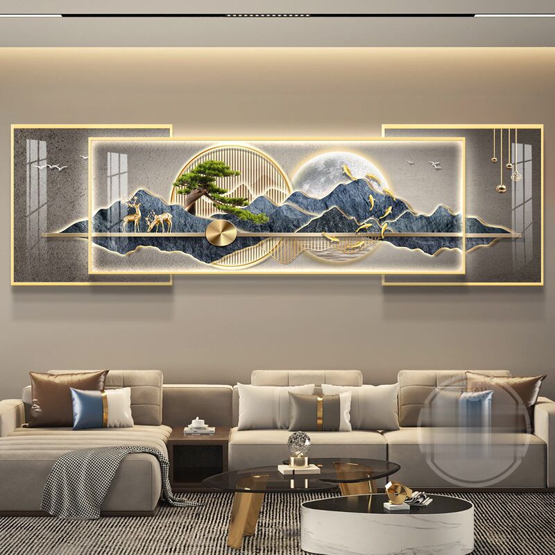 Luxury Living Room Decorative Painting With金山Led Lights, Sofa Background Wall Hanging Painting, Simple Modern High-End Feel