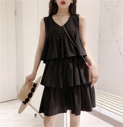 Thời trang mới của phụ nữ đơn giản, lớp bánh màu đơn giản hoang dã Thời trang giản dị V-cổ Váy chữ A váy ngắn thủy triều - A-Line Váy kiểu váy chữ a