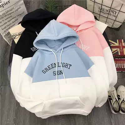 ins Super fire plus velvet thick warm girlfriends hooded stitching thick T-shirt female student loose Korean top coat