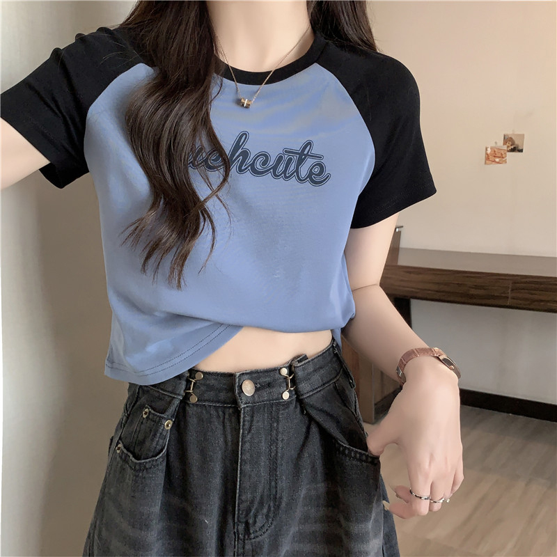 Color-Blocked Raglan Short-Sleeve T-Shirt for Women, Summer Slim-Fit Short Top, Trendy Hong Kong Style Chic Top Color-Blocked Raglan Short-Sleeve T-Shirt for Women, Summer Slim-Fit Short Top, Trendy Hong Kong Style Chic Top