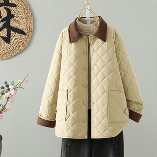 复古撞色拼接夹棉棉衣女士2025秋冬新款时尚菱格翻领保暖棉服外套