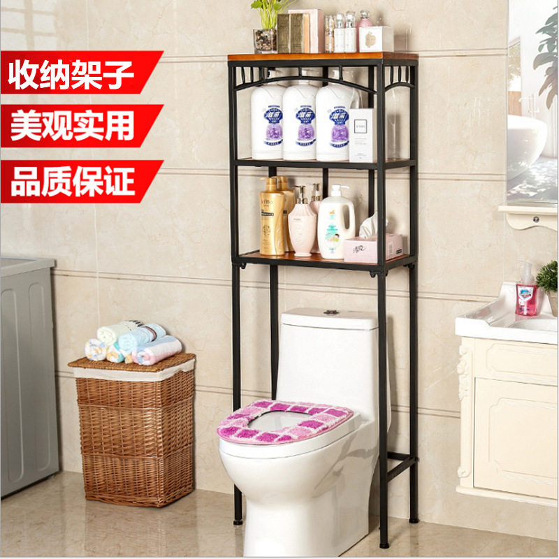 Retro solid wood iron art bathroom toilet shelf floor bathroom multilayer shelve shelf soap finishing rack