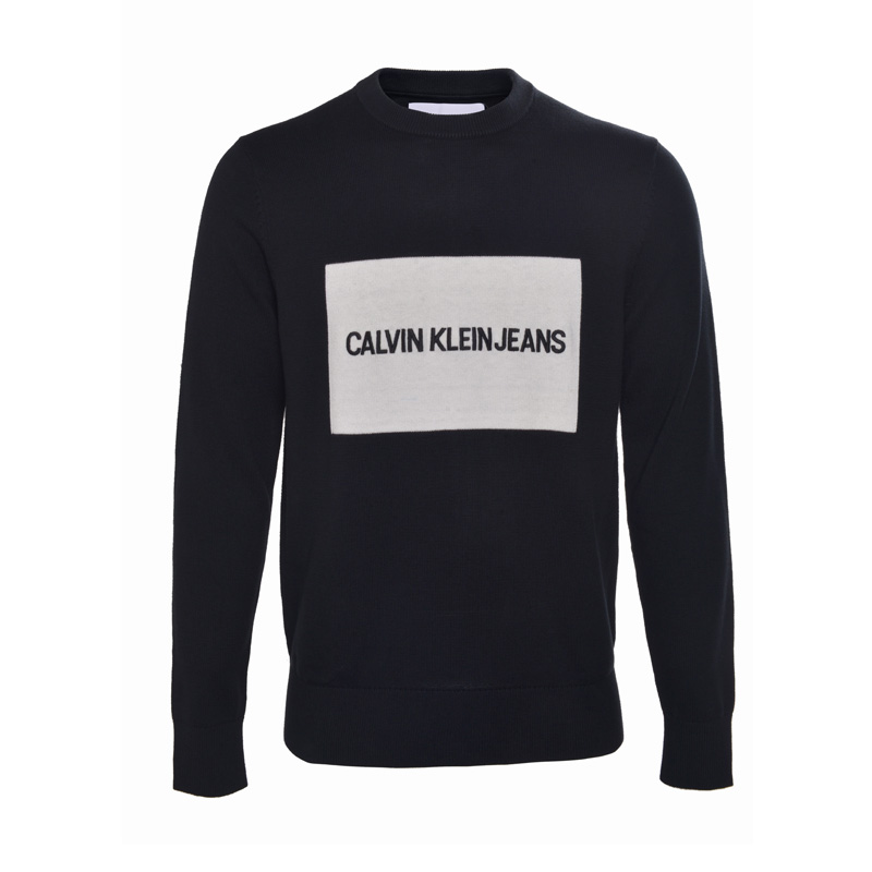 Calvin Klein Áo len len nam CK Spring Mới Logo nam tương phản Áo len cổ tròn - Áo len cardigan nam