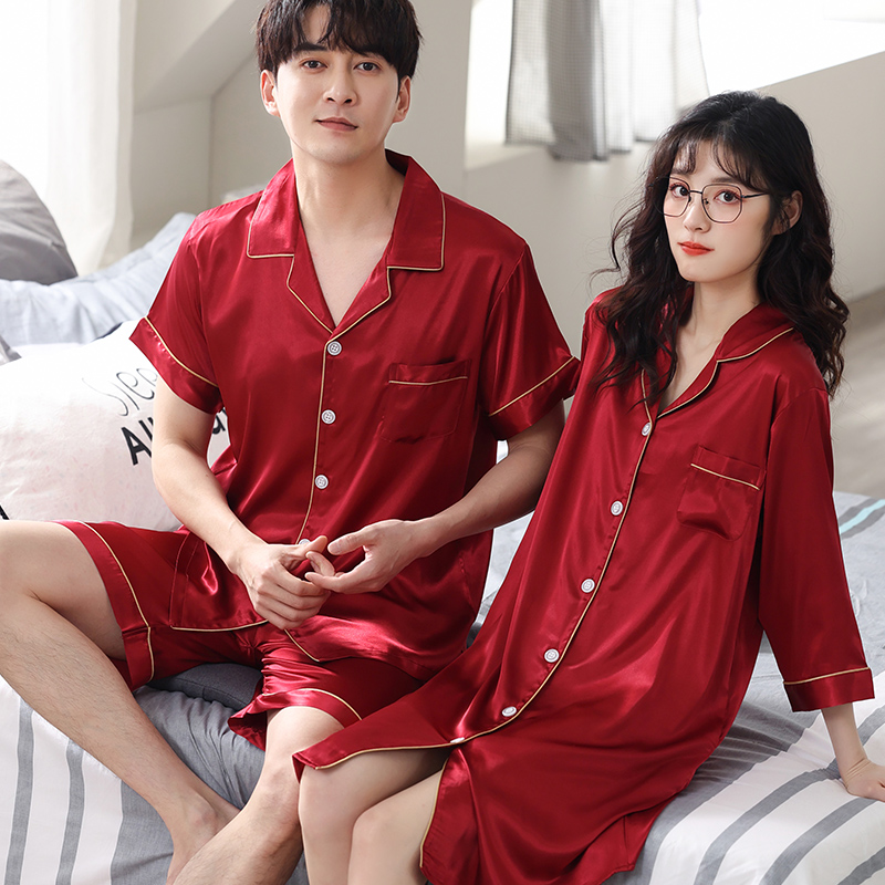 2 sets of couple's pajamas ice wire summer newlywed short sleeve red home suit married lady's sleeping dress men suit