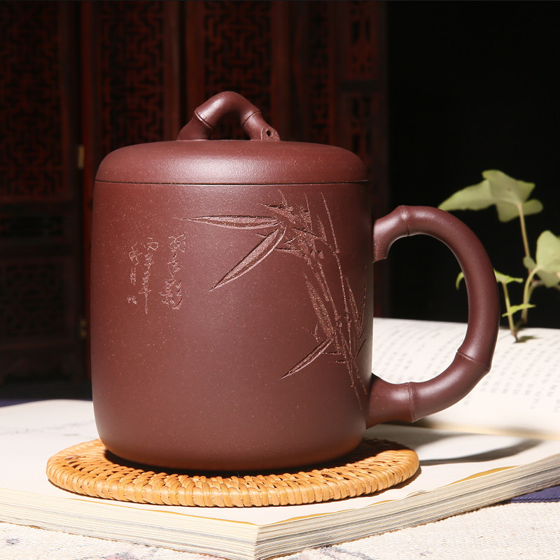 Yixing Tea Cup Men's High-end Original Mine Purple Sand Cups Gift Tea Set Pure Handmade Kung Fu Bamboo Leaves Clear Wind Cup With Lid