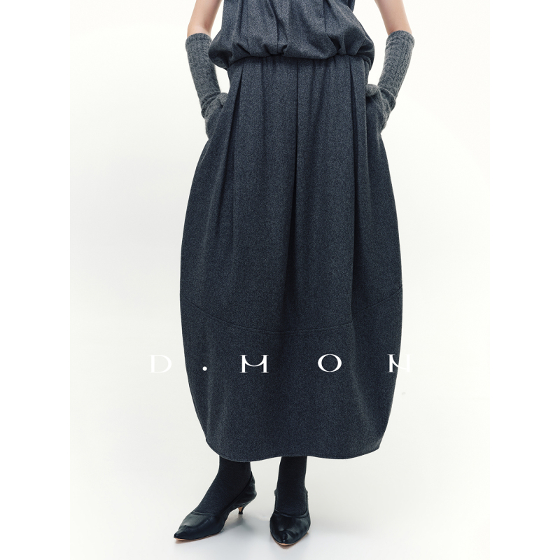 Dmon Fashion Focus_Easy-Care Australian Wool Elastic Waist 3D Draped Bubble Skirt