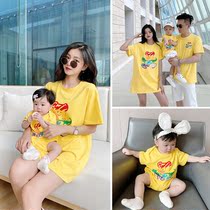 Parent-Child Costume cartoon short-sleeved T-shirt 2021 New Family three rainbow bear foreign-style female skirt baby climbing suit summer