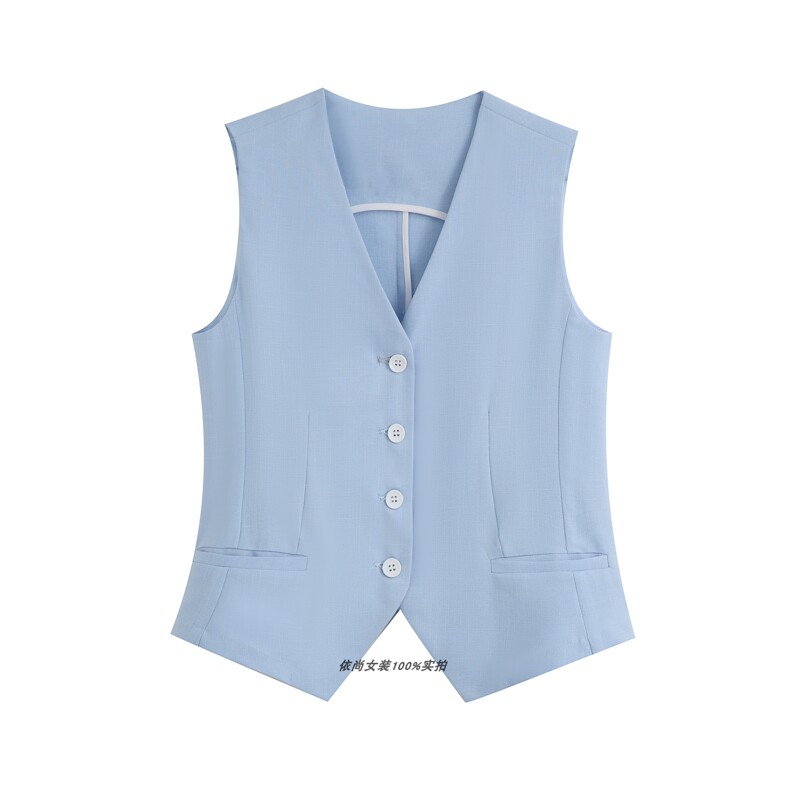 Light Mature Style V-Neck Button-Up Vest for Women, Sleeveless, Slim Fit, Slimming, Blue Blazer Vest, Versatile