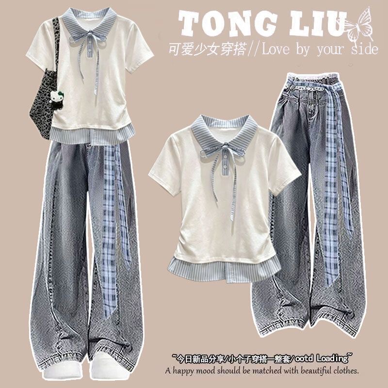 Summer New Style Energetic Polo Short-Sleeved Tops for Girls, High School and Junior High School Students, Slim Jeans Two-Piece Set Summer New Style Energetic Polo Short-Sleeved Tops for Girls, High School and Junior High School Students, Slim Jeans Two-Piece Set
