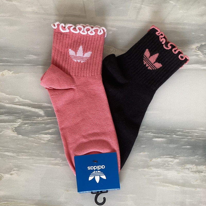 Adidas Trefoil Women's Socks Pink Lace Mid-Short Breathable Cotton Socks Two Pairs Pack Gn3045