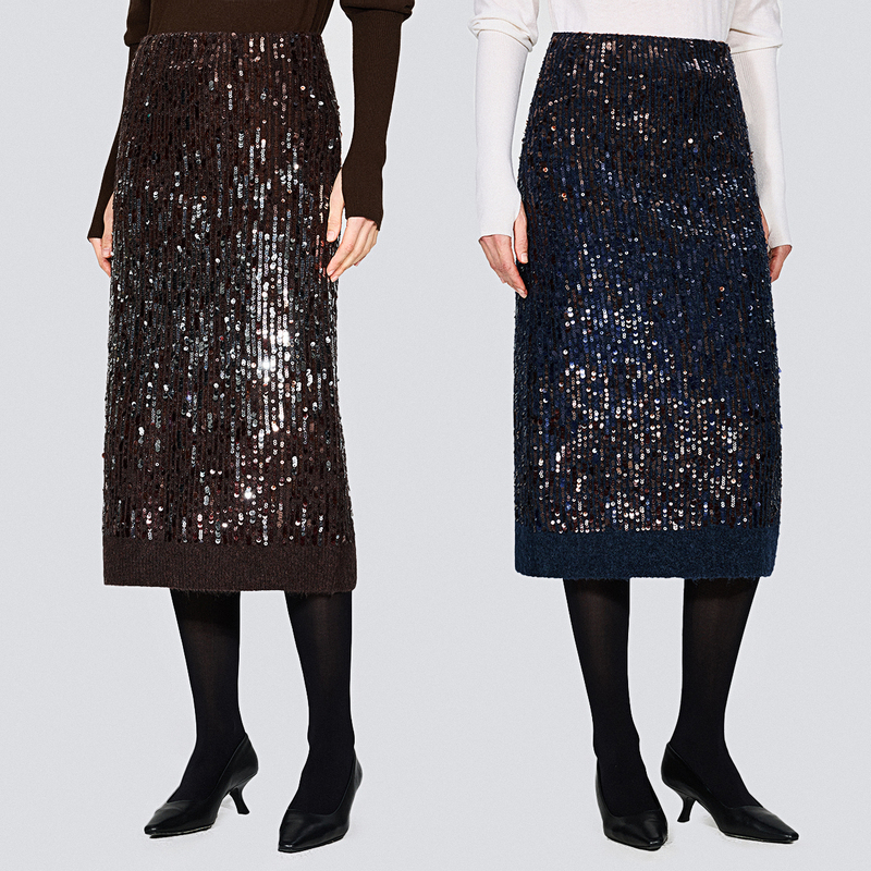 Black Label/Heavy Embroidery Sequins, Lightweight, Soft and Warm Alpaca Wool Loop Yarn Elastic Waist Party Skirt
