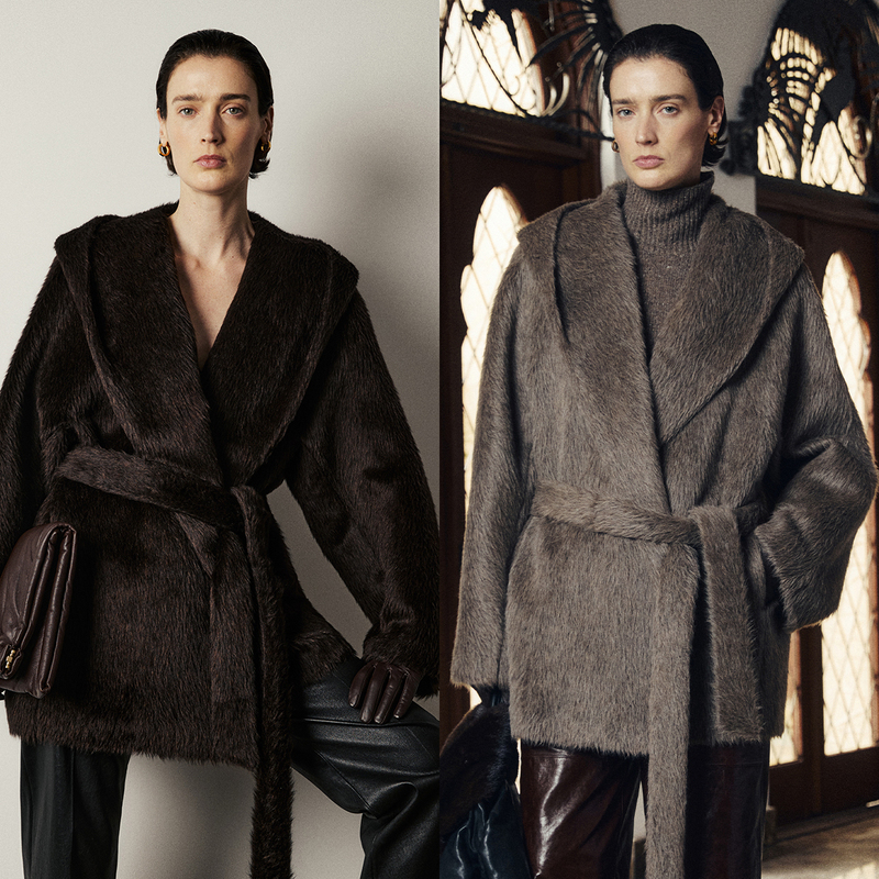 Black Label/Italian Texco Extra-Long Wool Peruvian Inca Natural Color Alpaca Hooded Bathrobe-Style Short Coat