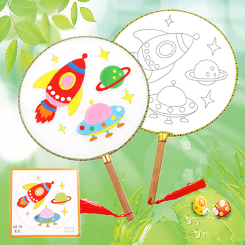 Group Fan Painting Fan Children Cartoon Pattern Graffiti Palace Fan Students Summer Gufeng Flow Su Dance Handmade Round Fan