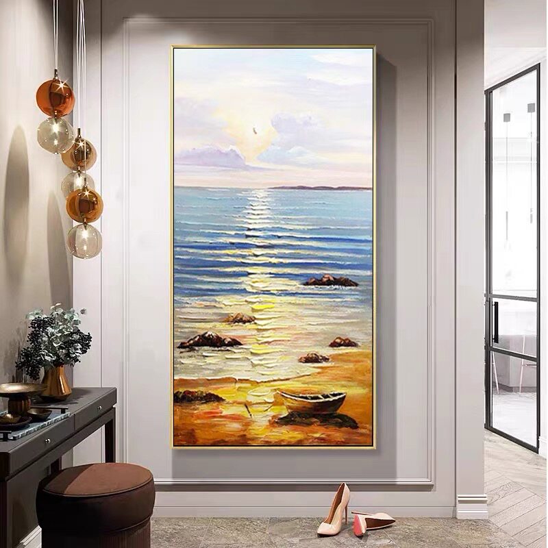 Entrance decorative painting Vertical corridor Sea view sunrise hanging painting Modern simple atmospheric aisle hand-painted abstract oil painting