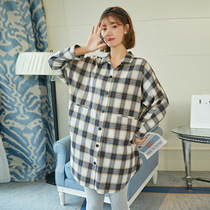 Pregnant women spring coat spring and autumn fashion out tide mom skirt dress Korean plaid loose shirt dress